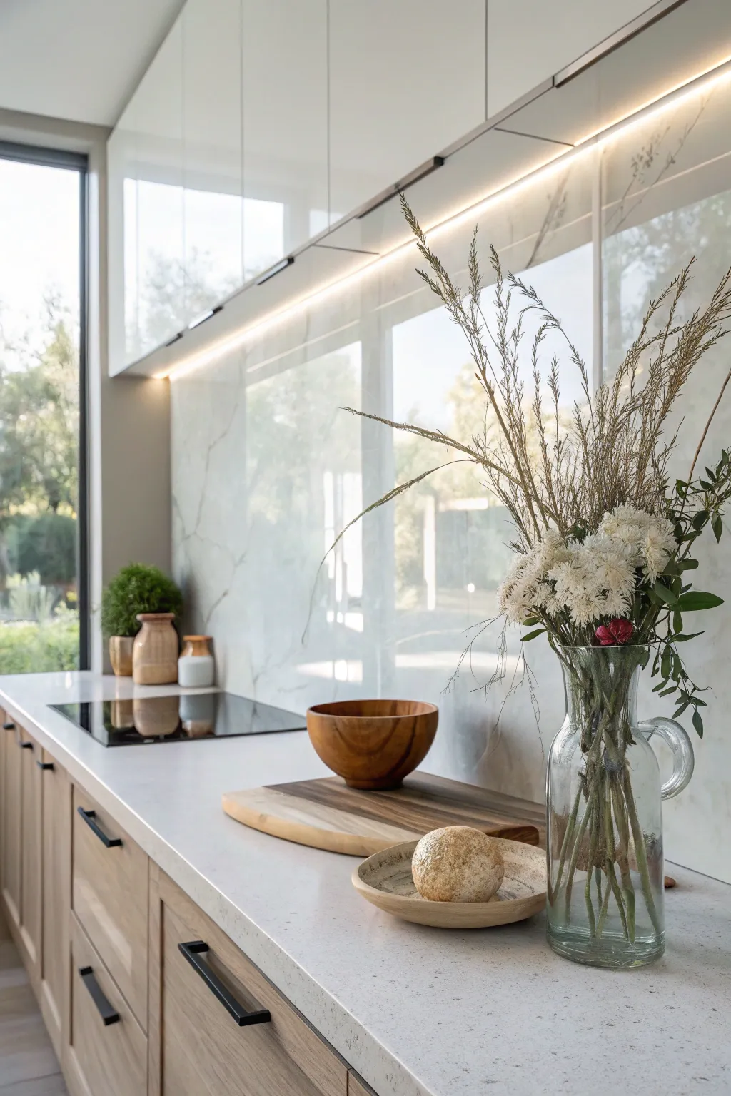 Transform your kitchen with sleek glass panels for a bright, airy space that exudes minimalist elegance.