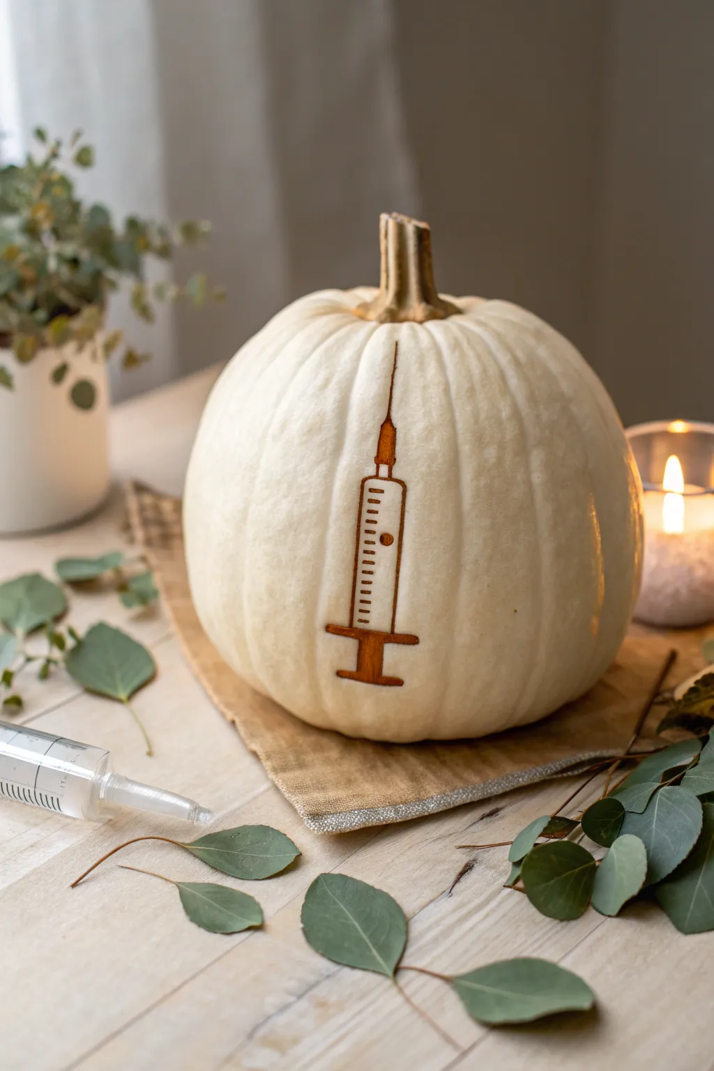 Elevate your autumn decor with a chic syringe silhouette pumpkin carving—where craftsmanship meets minimalist elegance.