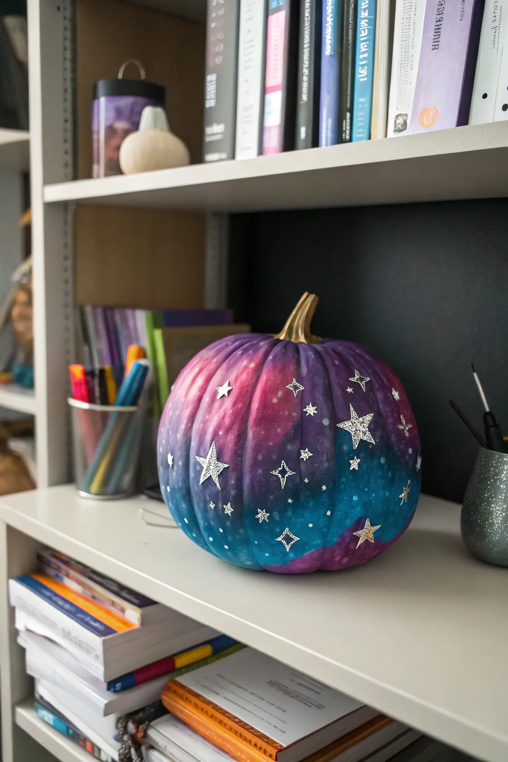 A starry galaxy pumpkin, creating a cosmic vibe in your workspace.