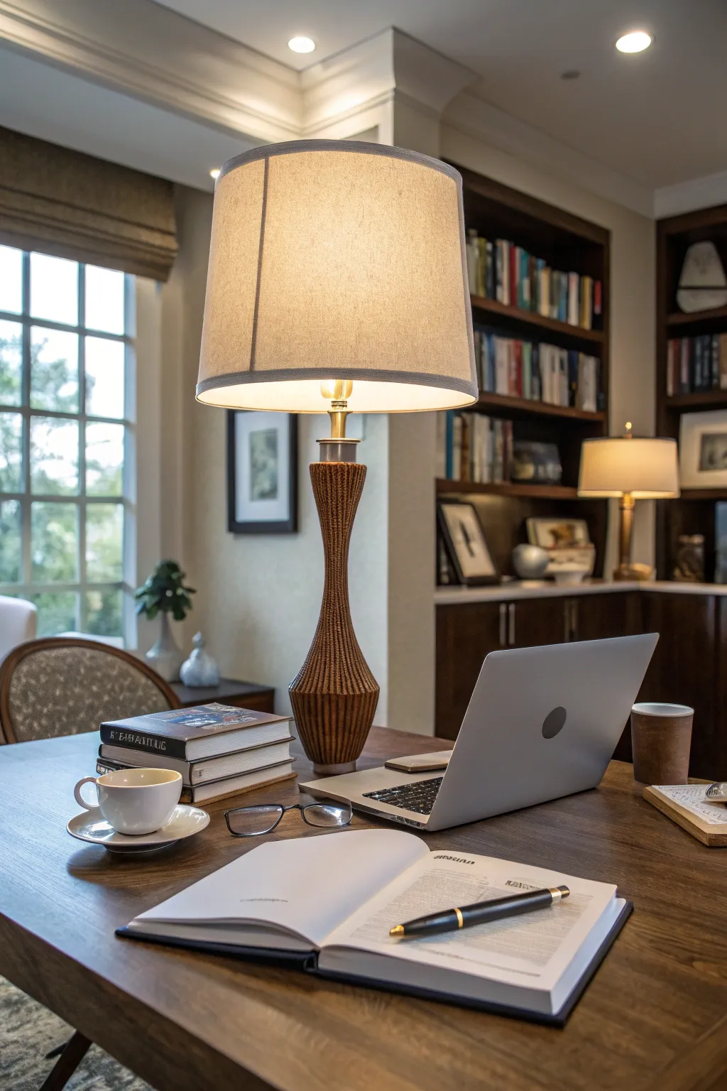 A home office with layered lighting and a statement lamp.