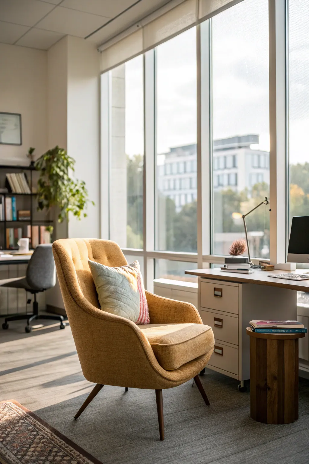 Add comfort with a small seating area by the window.