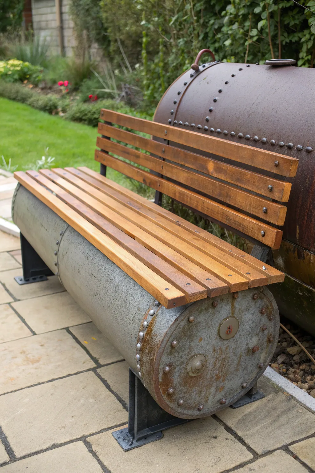 Transform an old air tank into a stunning garden bench with rustic charm.