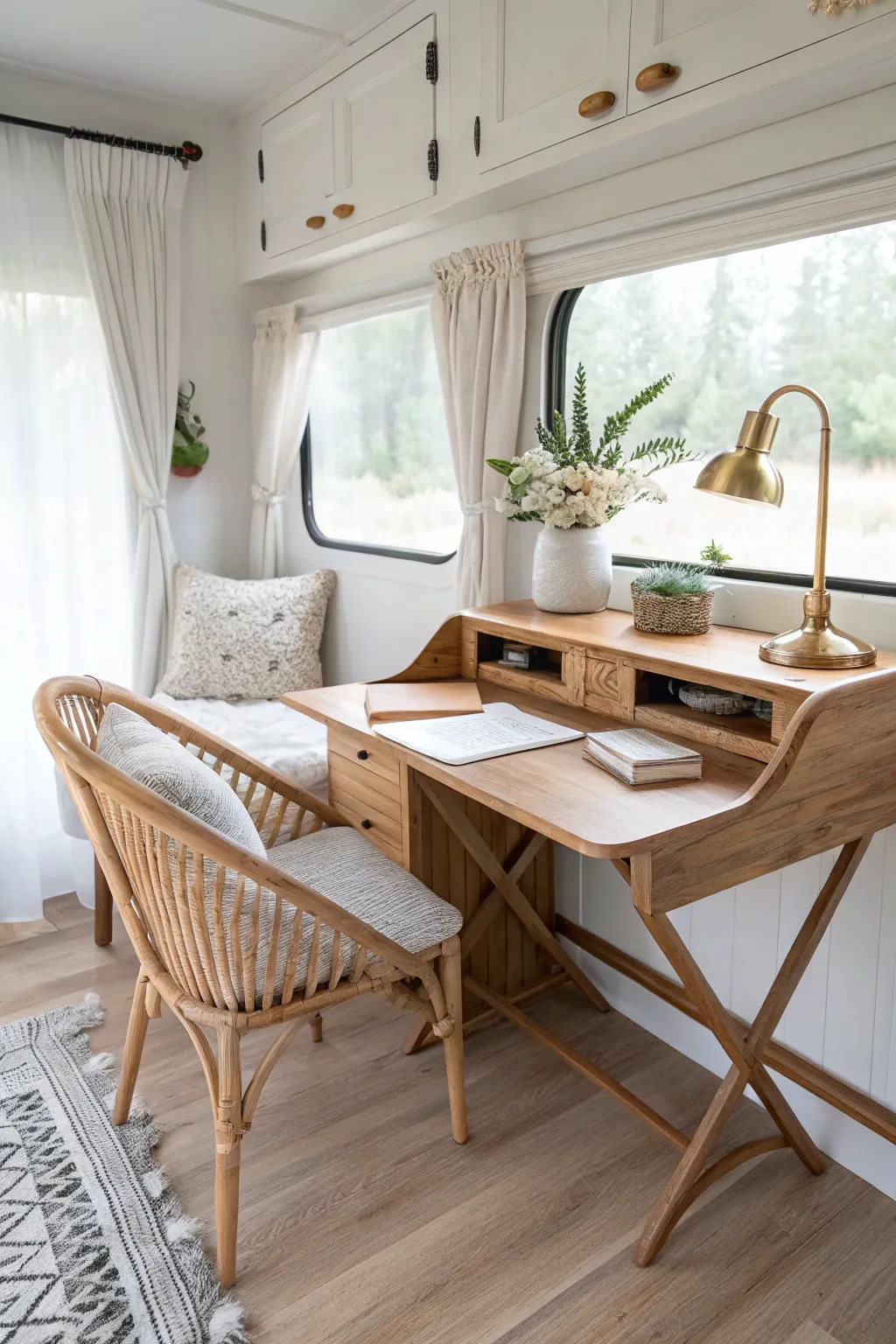 Transform your camper into a serene workspace with a chic fold-down desk—perfect for the minimalist adventurer.