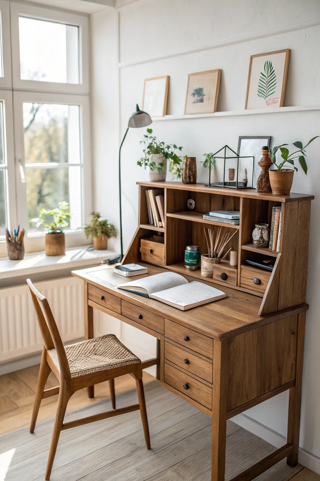 Transform your desk into a masterpiece of organization with handcrafted shelves and organizers. Embrace simplicity and natural beauty in your workspace!