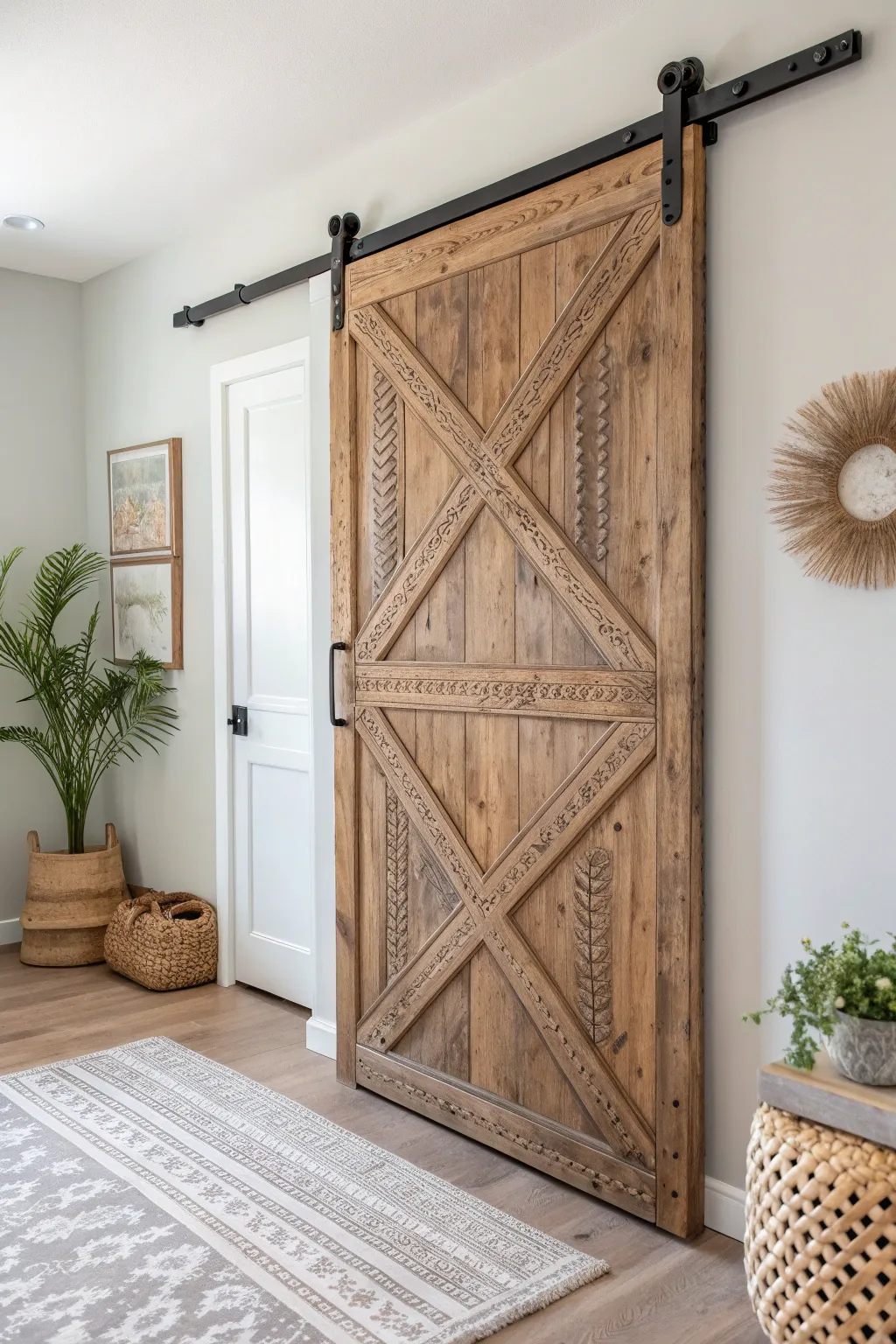 Elevate your space with a charming vintage sliding barn door, blending farmhouse elegance with minimalist design.