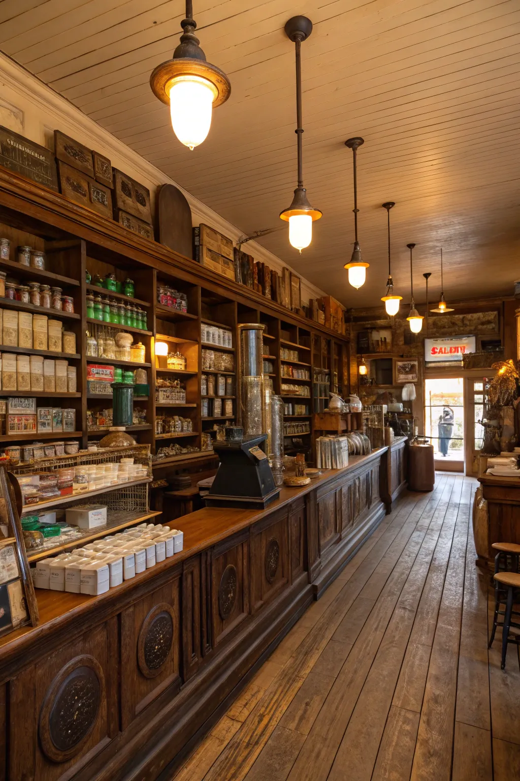 Warm overhead lighting in a vintage general store.