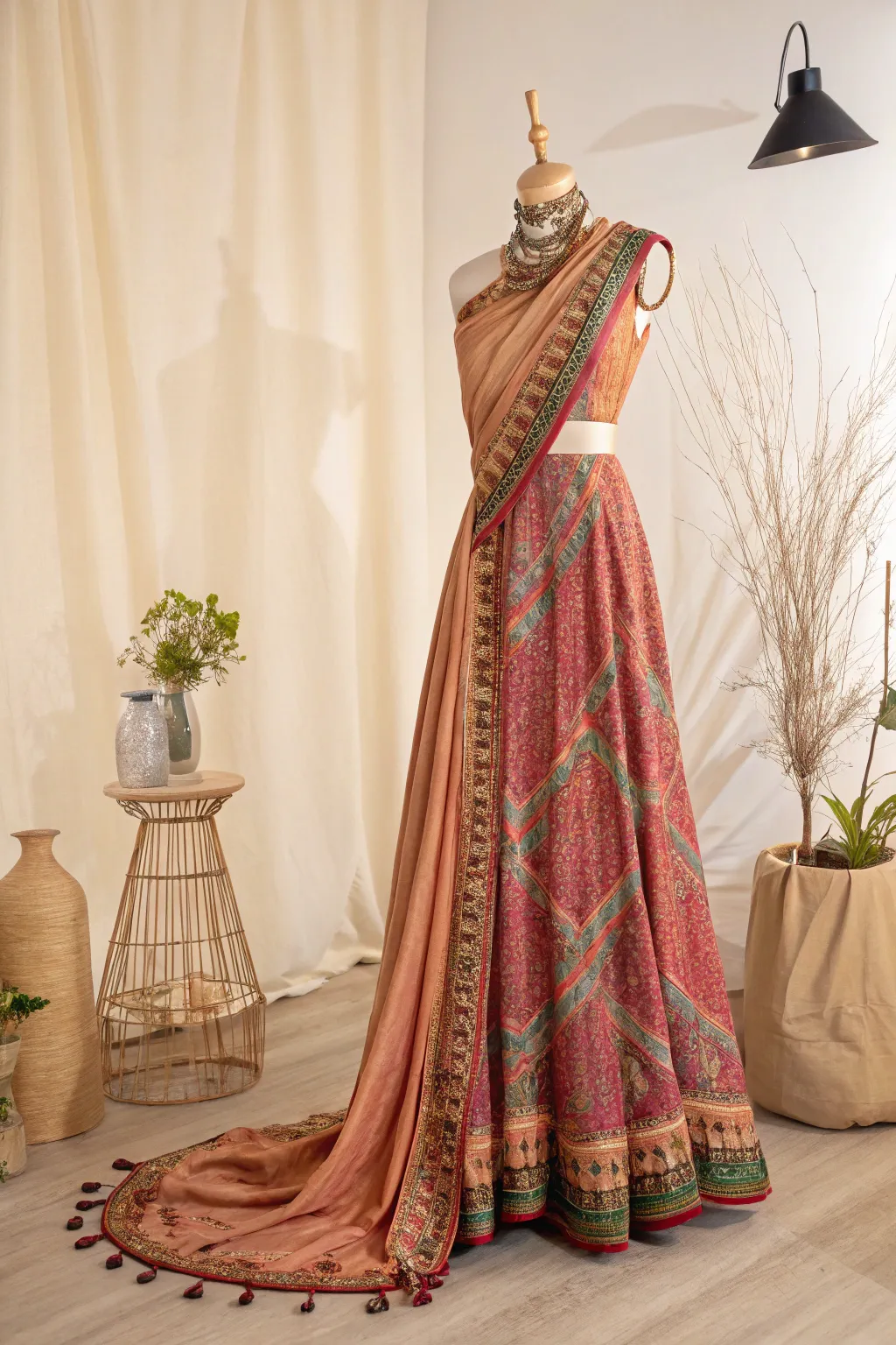 Elevate your evening look with a high neck gown crafted from a vibrant saree, blending traditional elegance with minimalist chic.