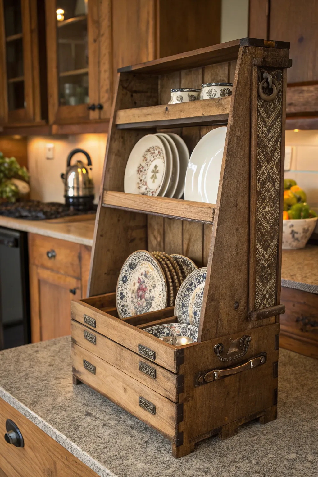 Transform your old toolbox into a charming vertical plate rack for a touch of rustic elegance.