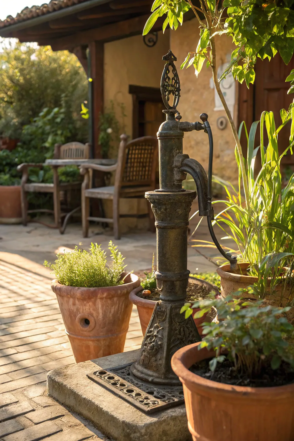 Transform your patio with a touch of rustic charm using a vintage water pump as the centerpiece.