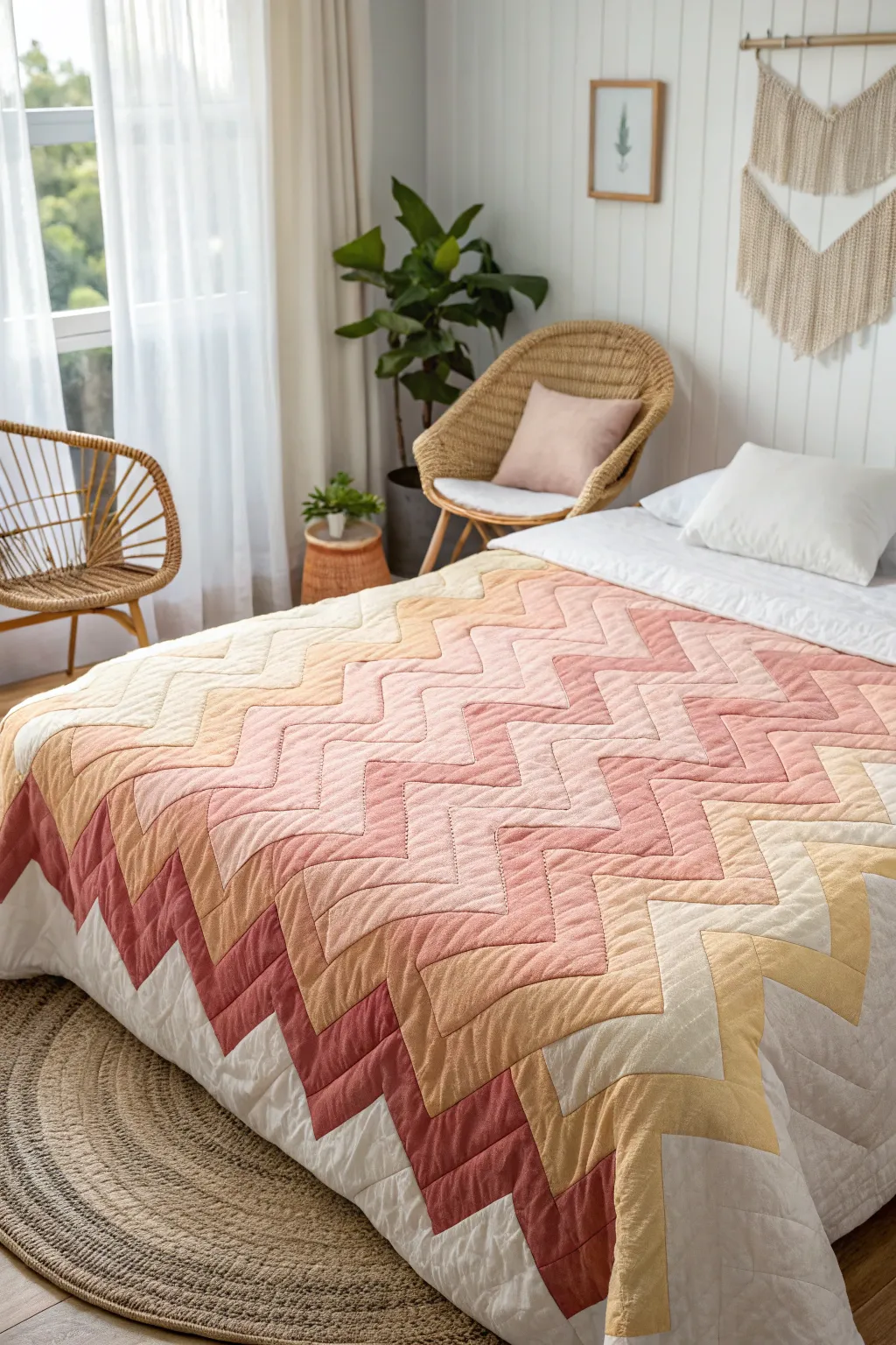 Transform your bedroom into an art piece with this stunning ombre chevron quilt.