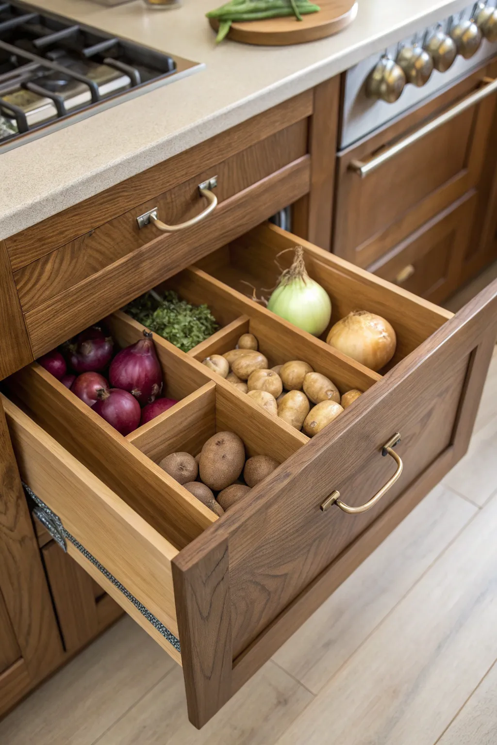 Elevate your kitchen game with custom-crafted drawers for perfect vegetable organization.