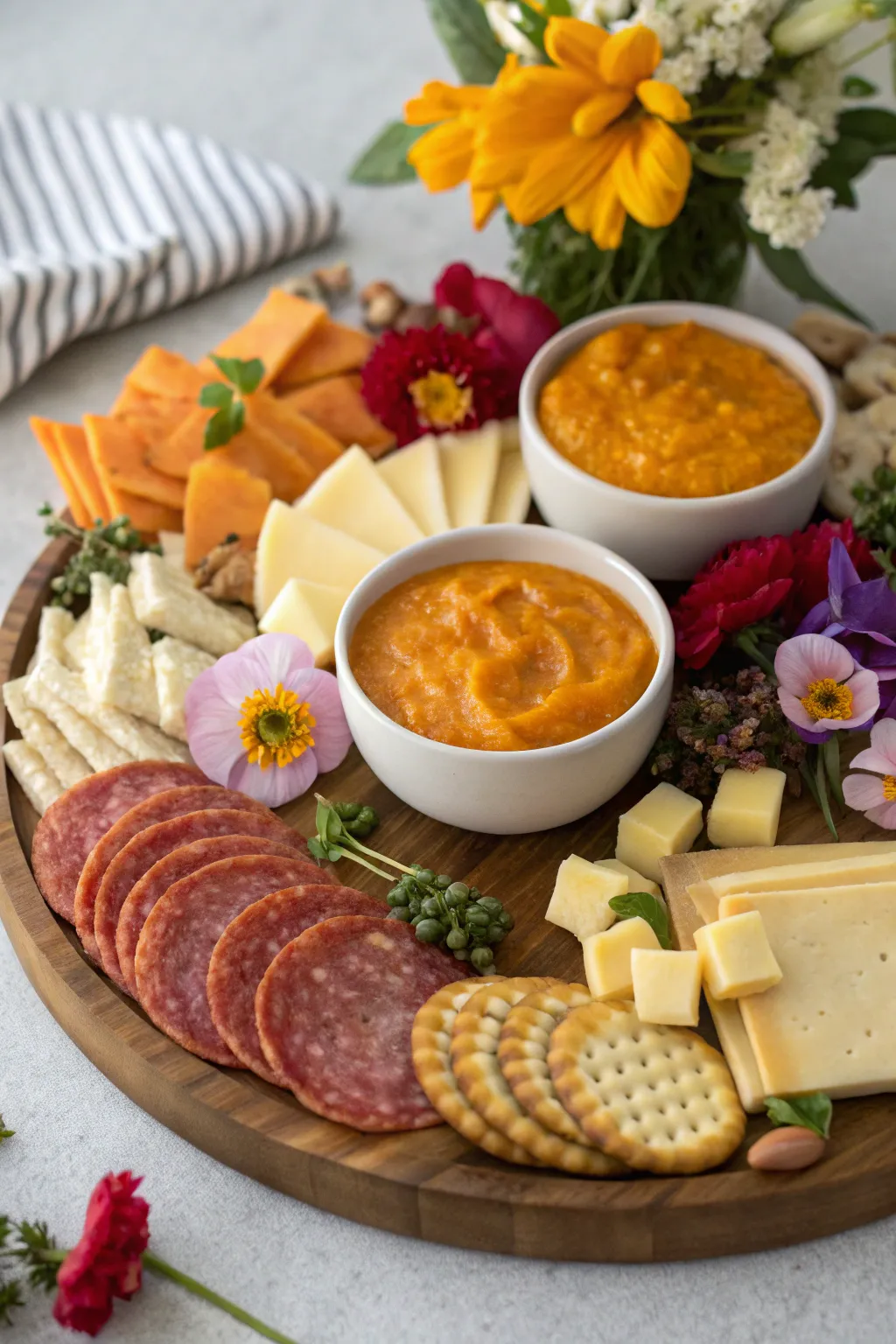 Orange dips bring a creamy element and visual interest to the board.