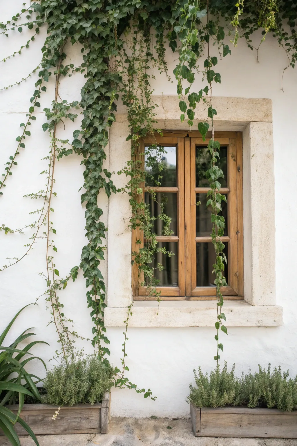 Transform your space with the serene beauty of greenery-framed faux windows, perfect for a touch of minimalist elegance.