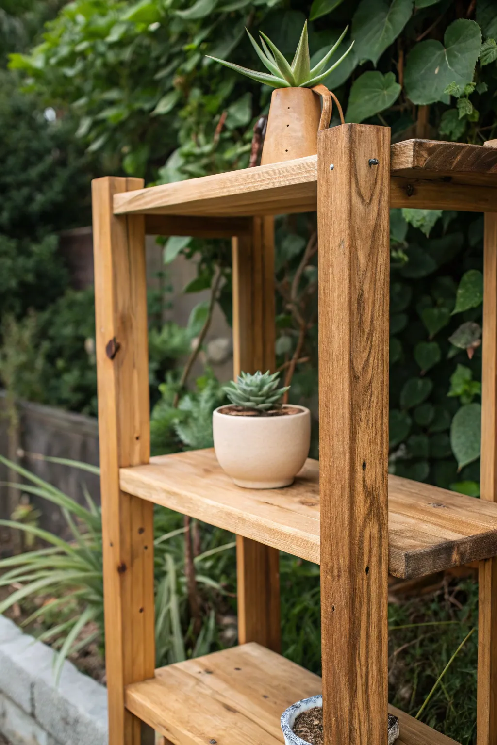 Embrace the warmth of nature with this beautifully crafted natural wood garden shelf. 🌿✨ #GardenInspiration #ScandinavianBoho