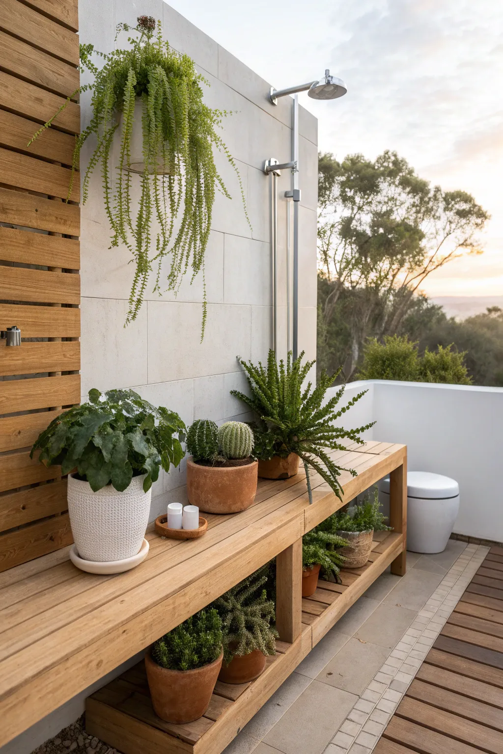 Transform your outdoor shower space with a splash of greenery! 🌿✨ #ScandiBoho #OutdoorOasis