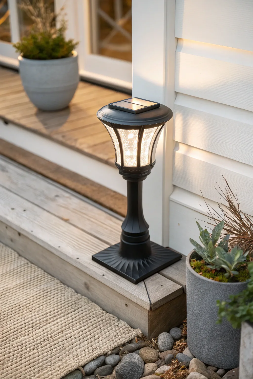 Illuminate your evenings with minimalist elegance: the perfect solar lamp for stylish porch gatherings.