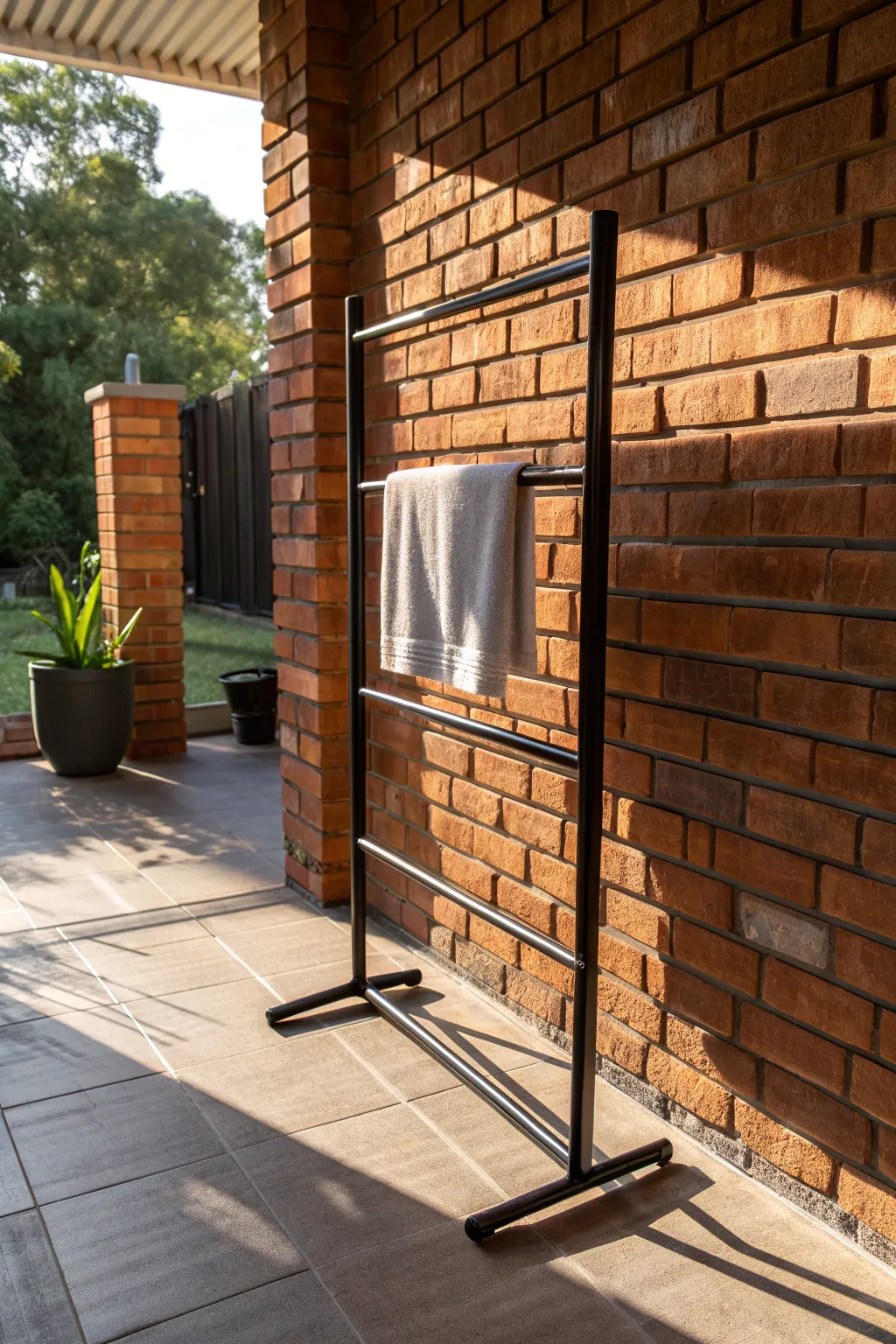 Embrace industrial elegance with this robust metal towel rack, perfect for any outdoor setting.