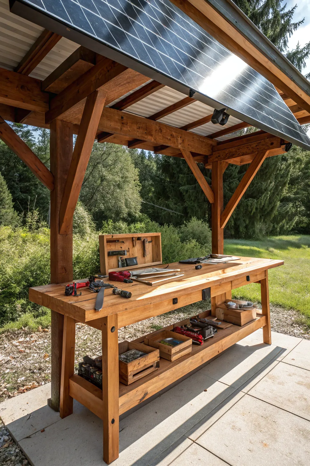 Harness the power of the sun with this expertly crafted outdoor workbench with a solar panel roof.
