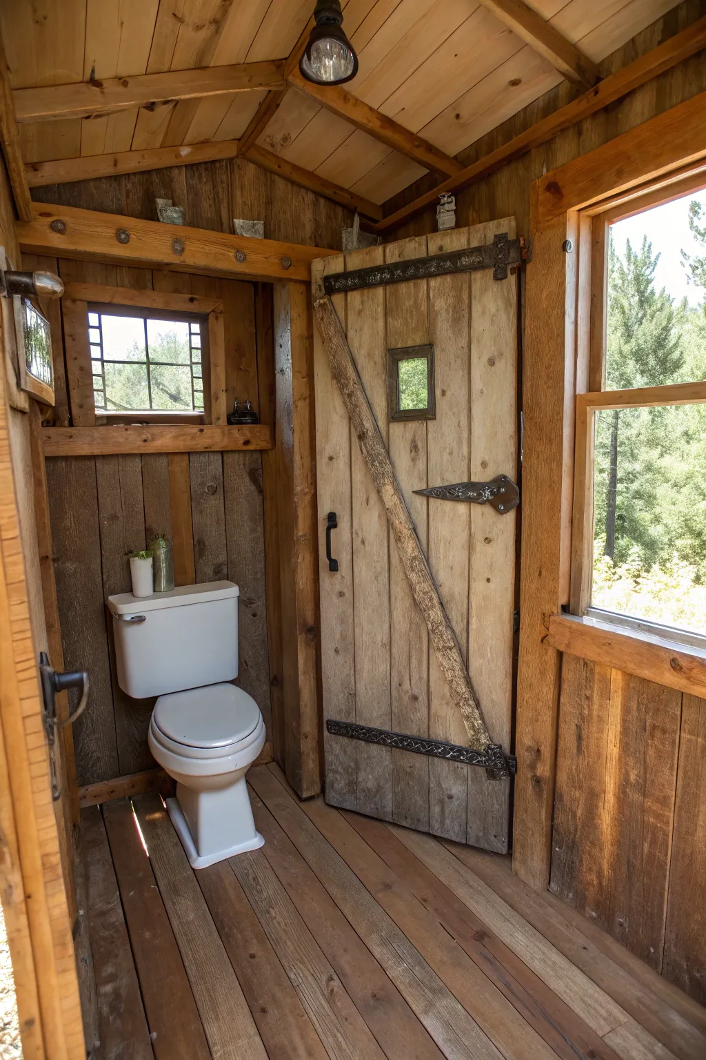 Reclaimed materials lend character and sustainability to this outhouse bathroom.