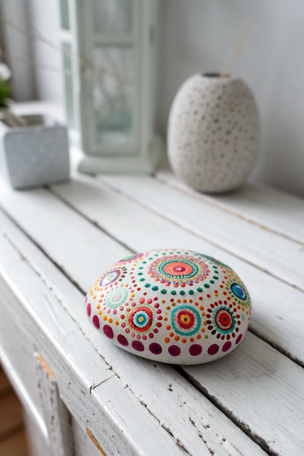 Bring a splash of joy to your space with this charming polka dot painted rock!