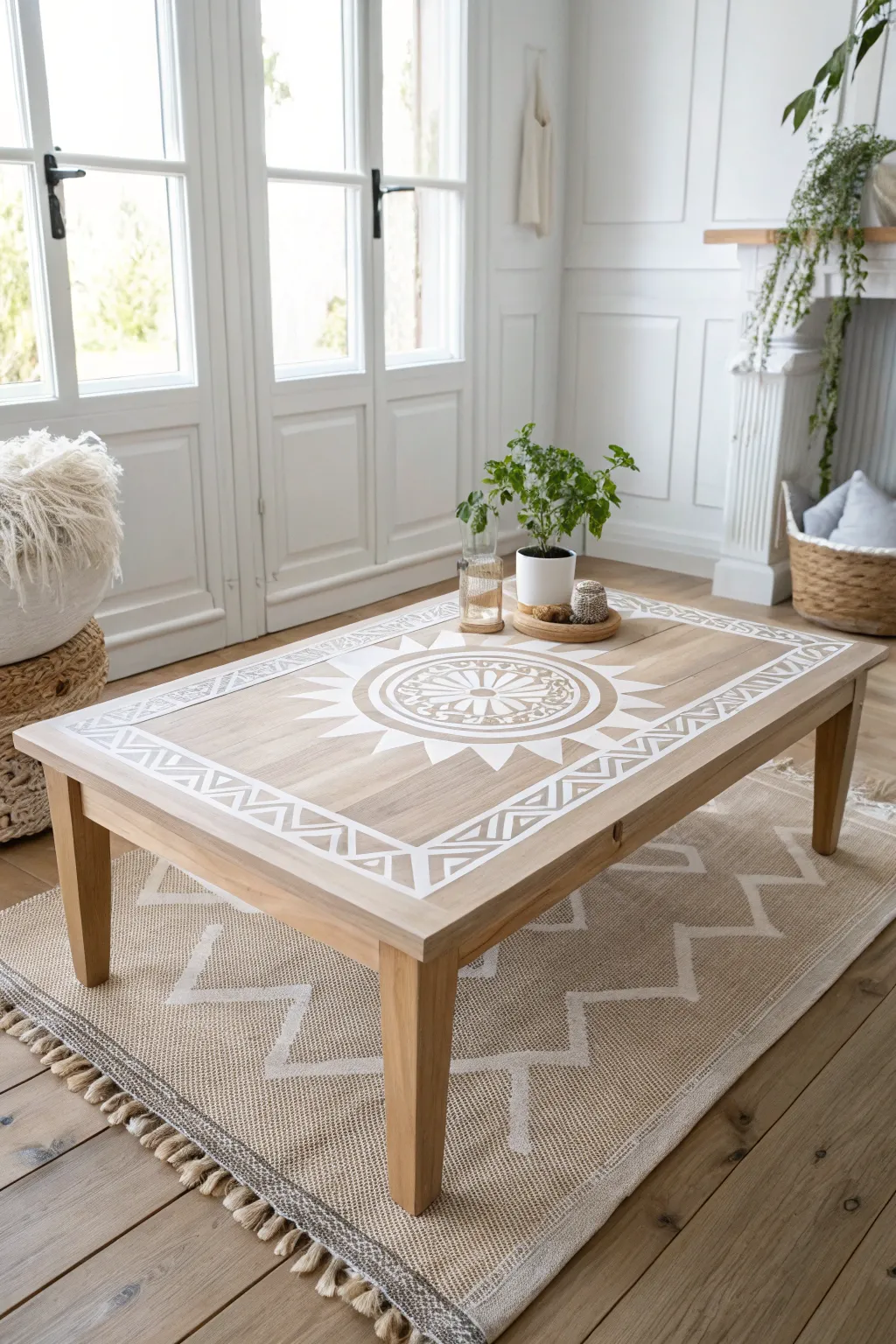 Transform your coffee table into a masterpiece with a simple yet stunning geometric stencil design. Embrace the beauty of craftsmanship and simplicity.