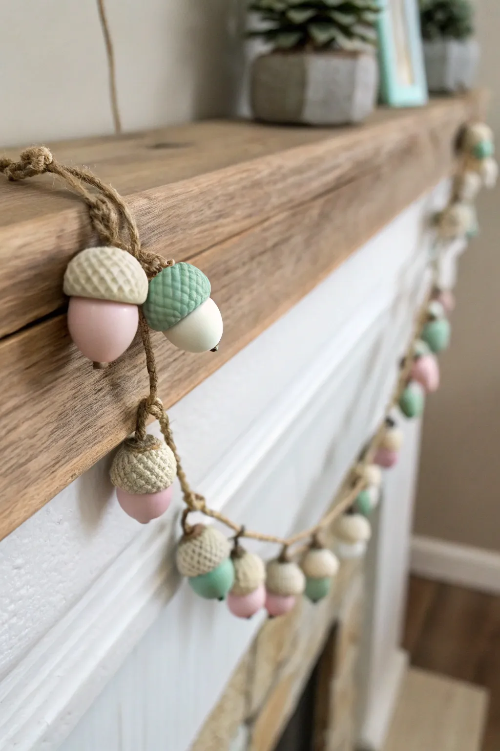 Add a touch of nature and elegance to your home with a charming painted acorn garland. Perfect for a minimalist and cozy vibe!