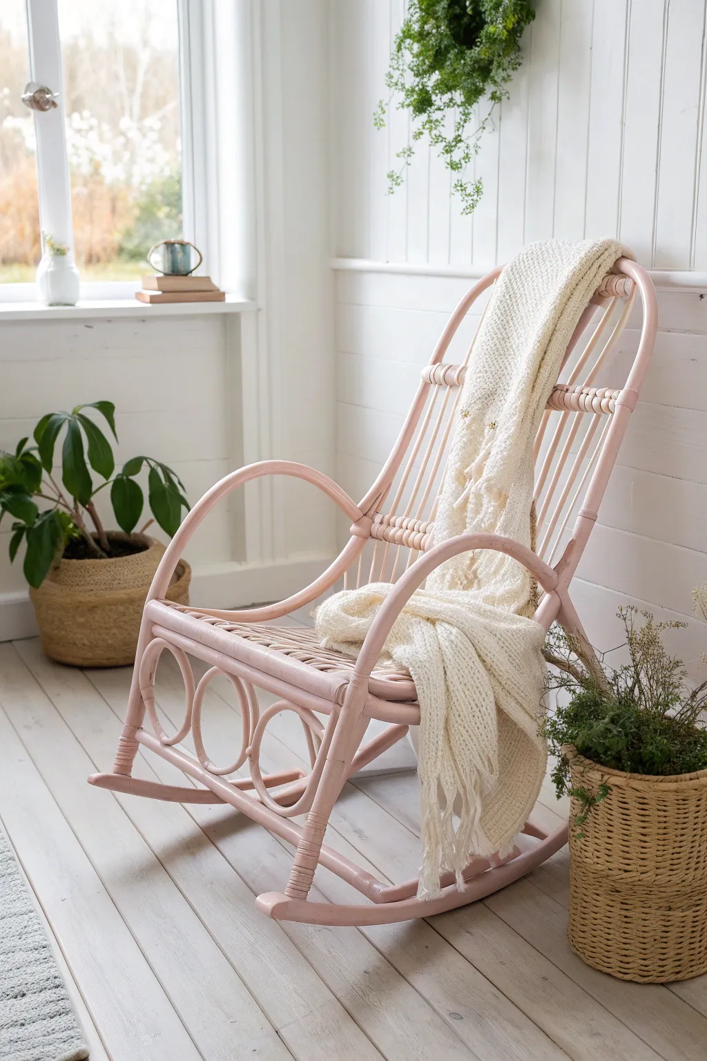 Embrace serene elegance with this pastel pink bamboo rocking chair, a perfect blend of minimalist and Boho style.