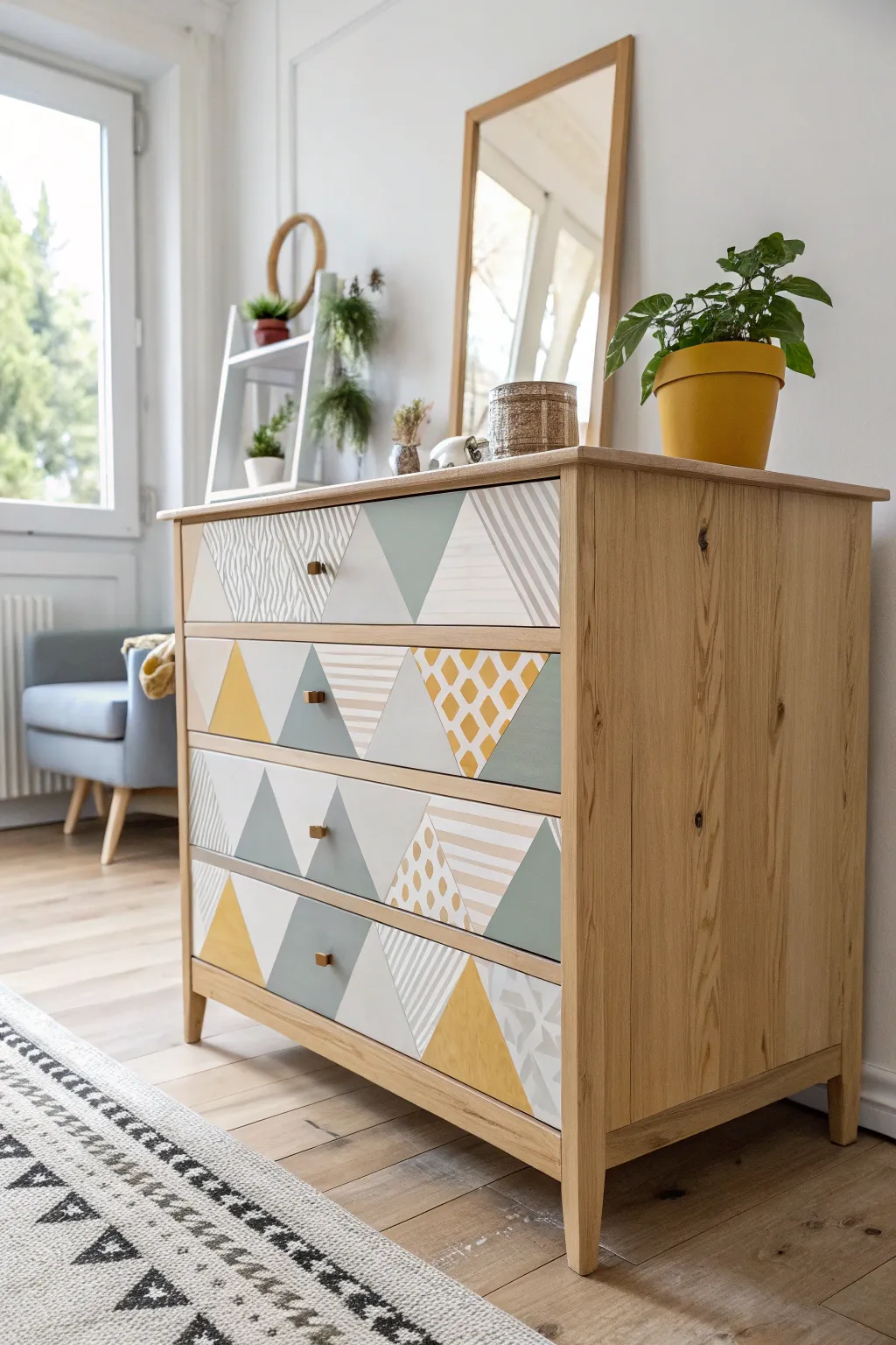 Transform your space with a geometric masterpiece: a minimalist chest of drawers that captivates and inspires.