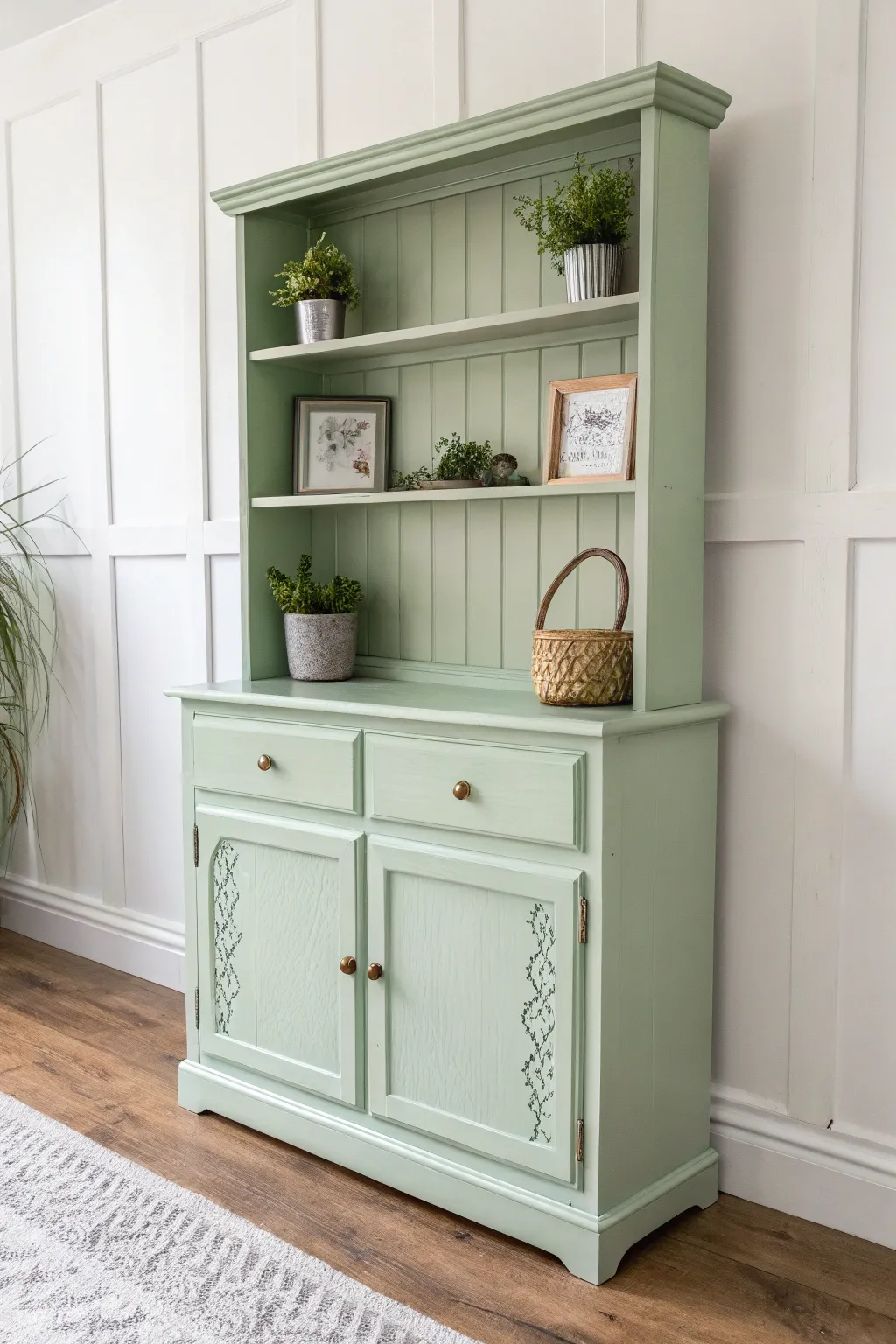 Transform your space with the calming elegance of a subtly green hutch.