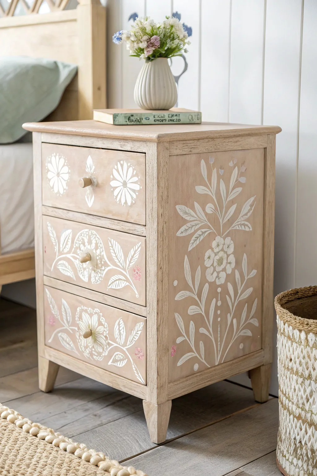 Transform your nightstand into a timeless bouquet with delicate stenciled florals.