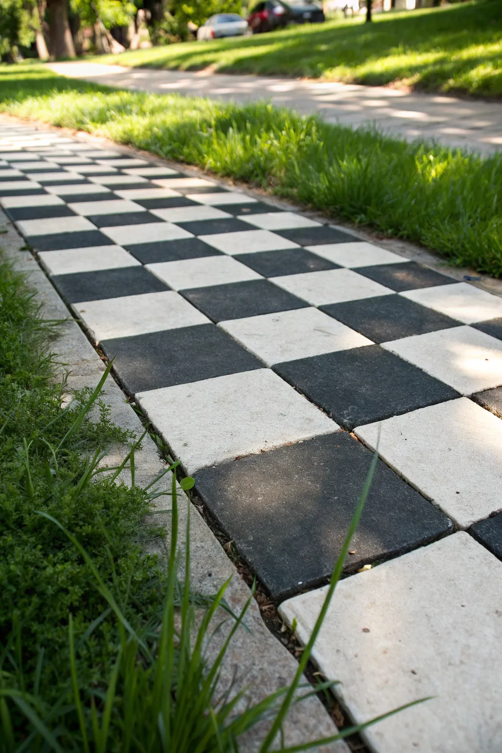 Transform your sidewalk into a chic European-inspired masterpiece with a classic checkerboard design.