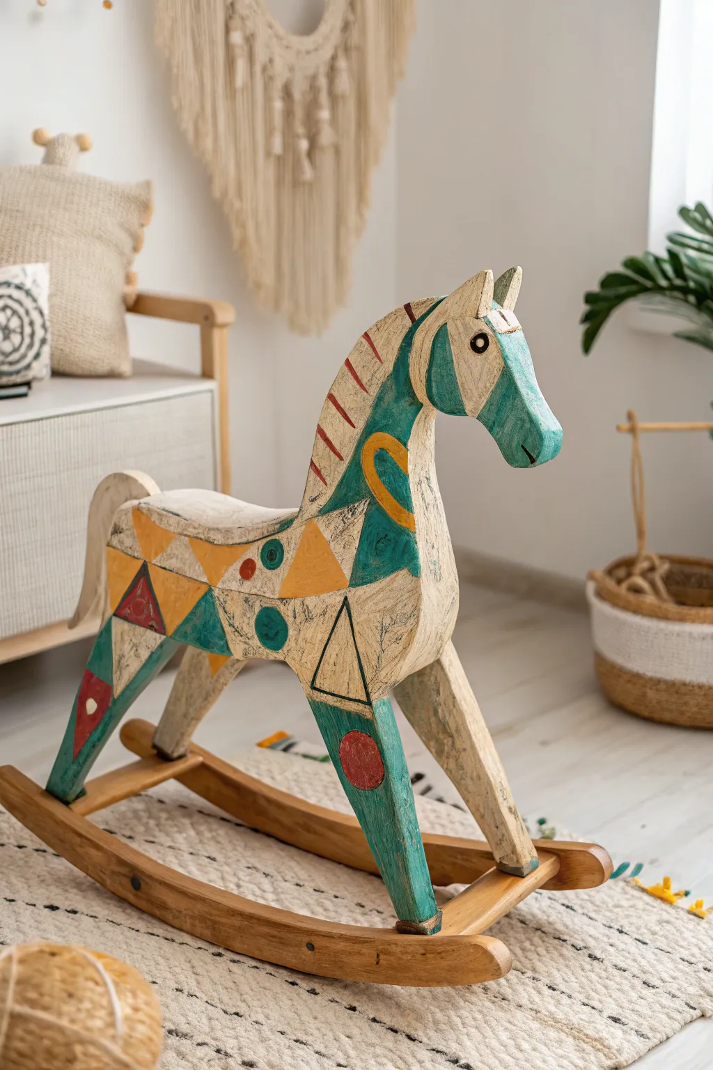 Embrace the beauty of abstract art with this stunning hand-painted rocking horse.