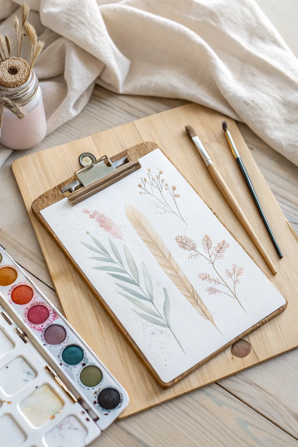 Celebrate creativity with Scandinavian elegance: A beautifully painted clipboard showcasing art supplies in a minimalist style.