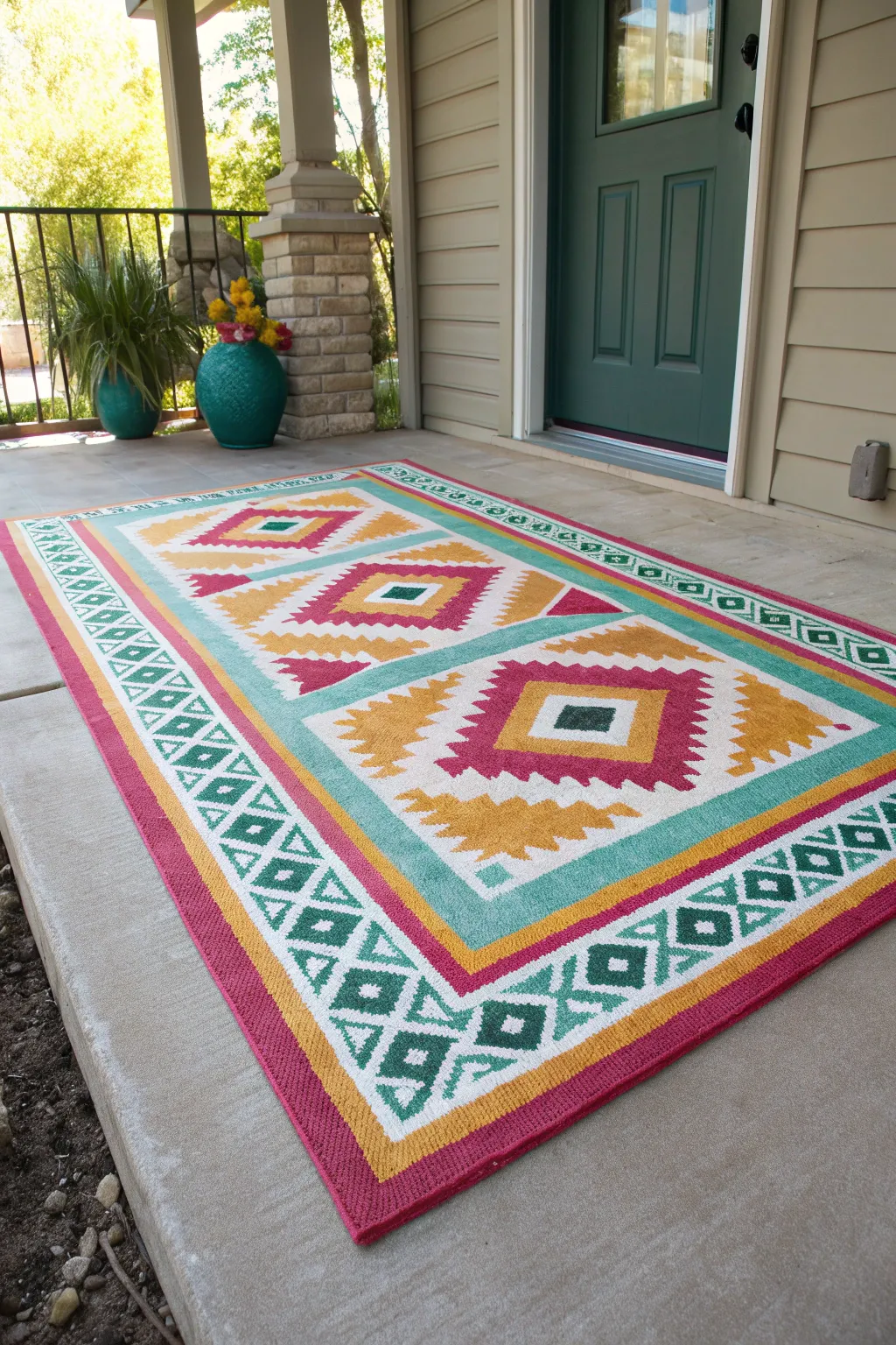 Transform your porch with a hand-painted faux rug that combines artistry and warmth.