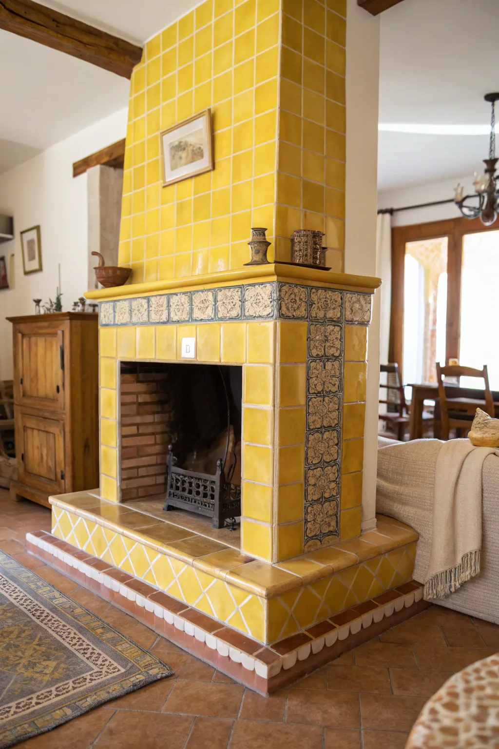 Brighten your space with sunny yellow-painted fireplace tiles.