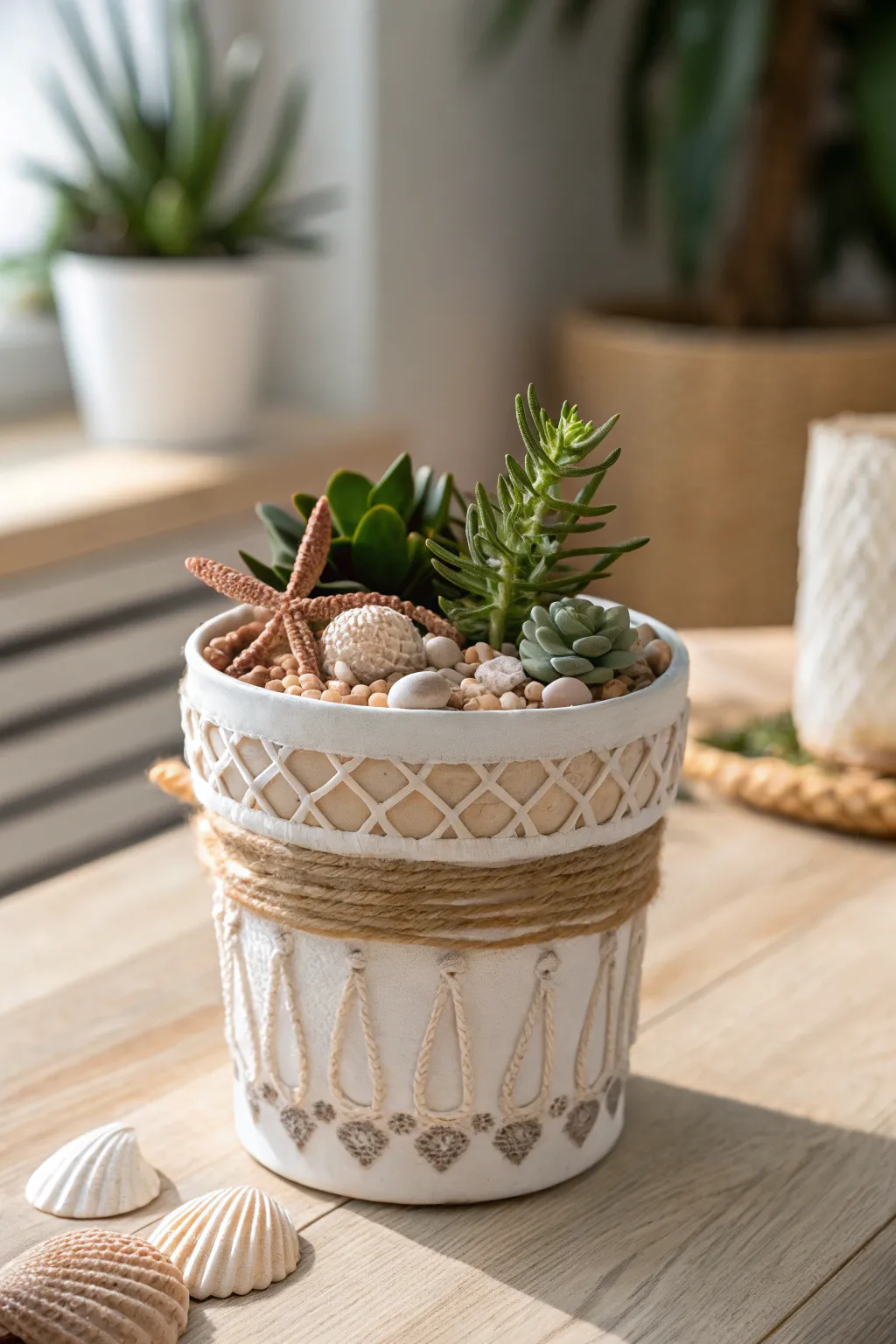 Transform your flower pots into textured masterpieces with a touch of the sea and a hint of Boho elegance.