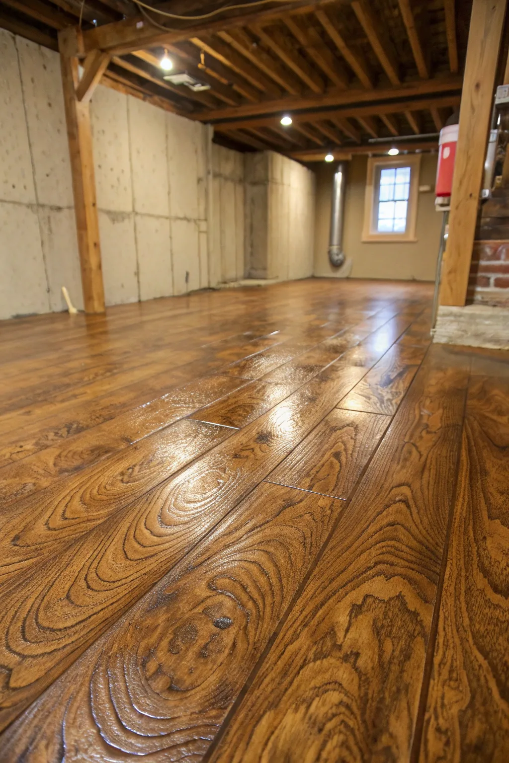 Transform your basement with the warmth of wood tones, without the cost of real wood.