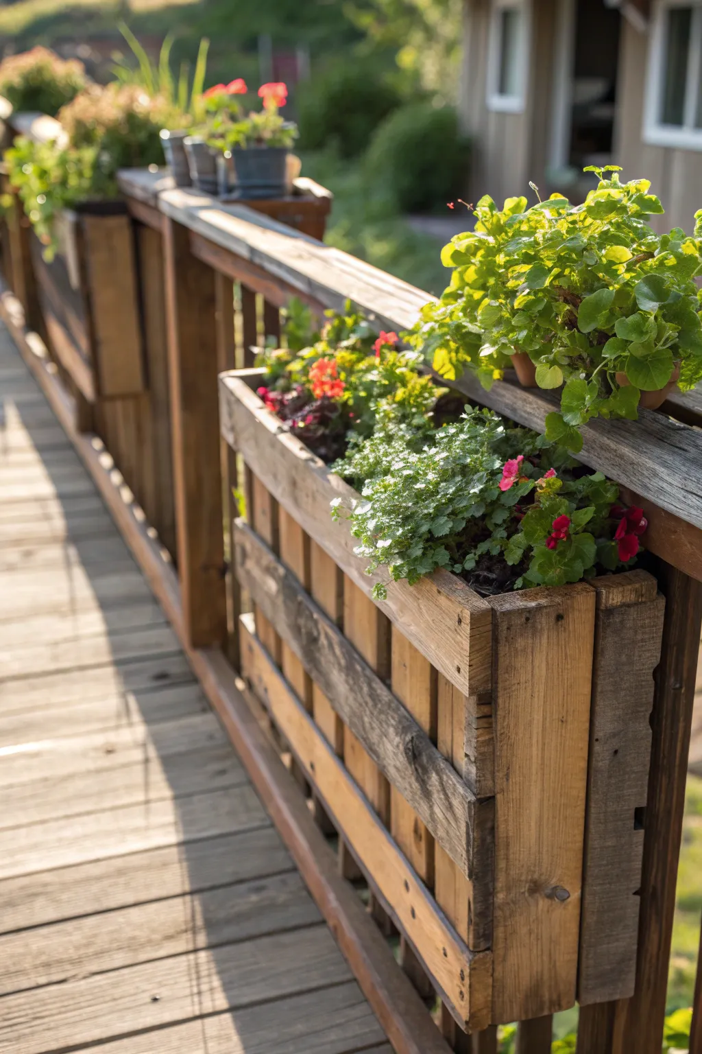 Transform your deck with handcrafted pallet railing planter boxes for a touch of nature's elegance.