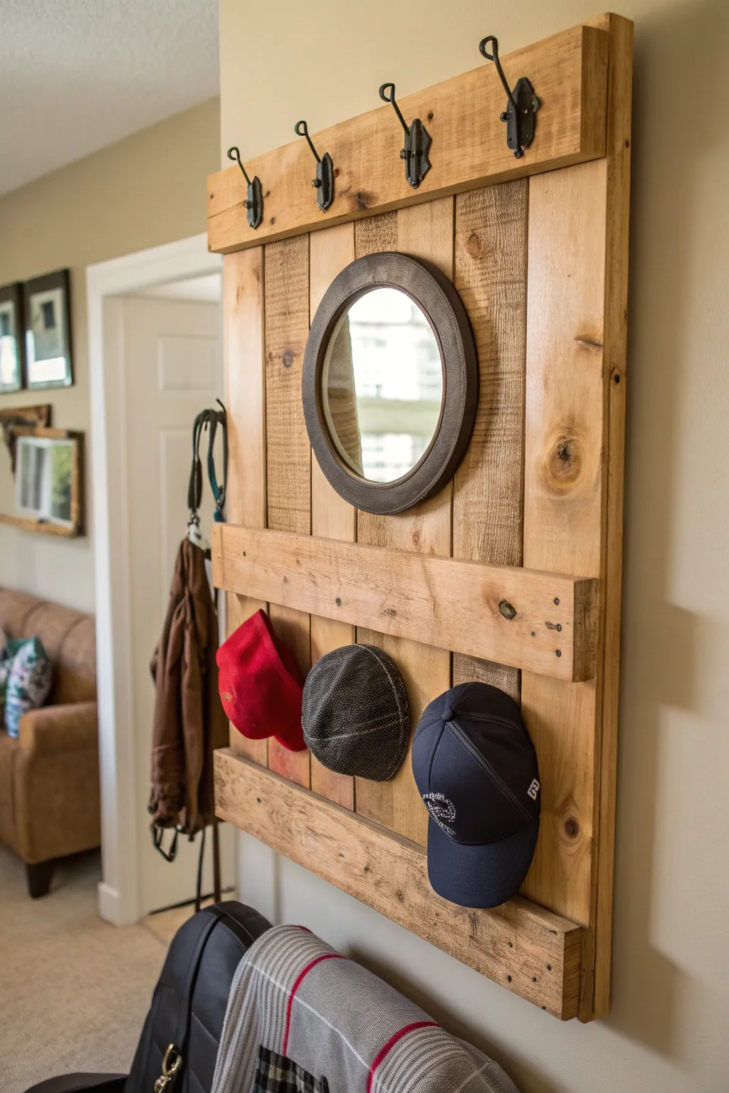 Elevate your entryway with this handcrafted pallet hat rack, complete with a built-in mirror for those last-minute style checks.