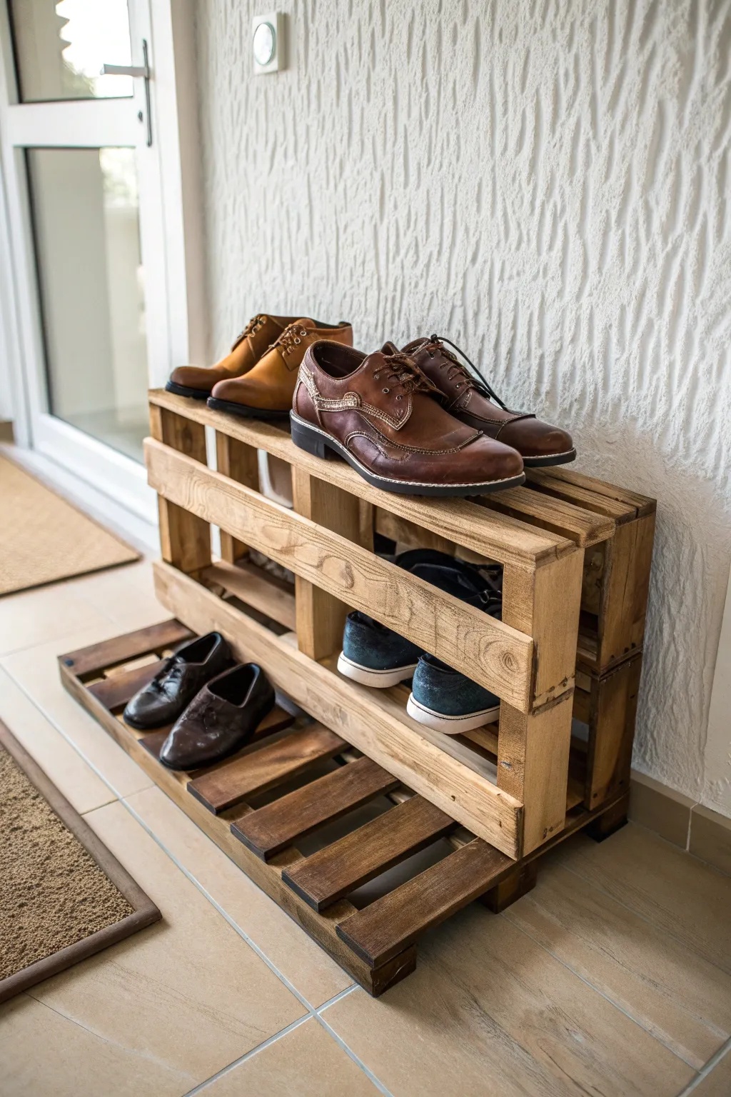 Elevate your entryway with a handcrafted pallet shoe rack—a perfect blend of style and functionality.