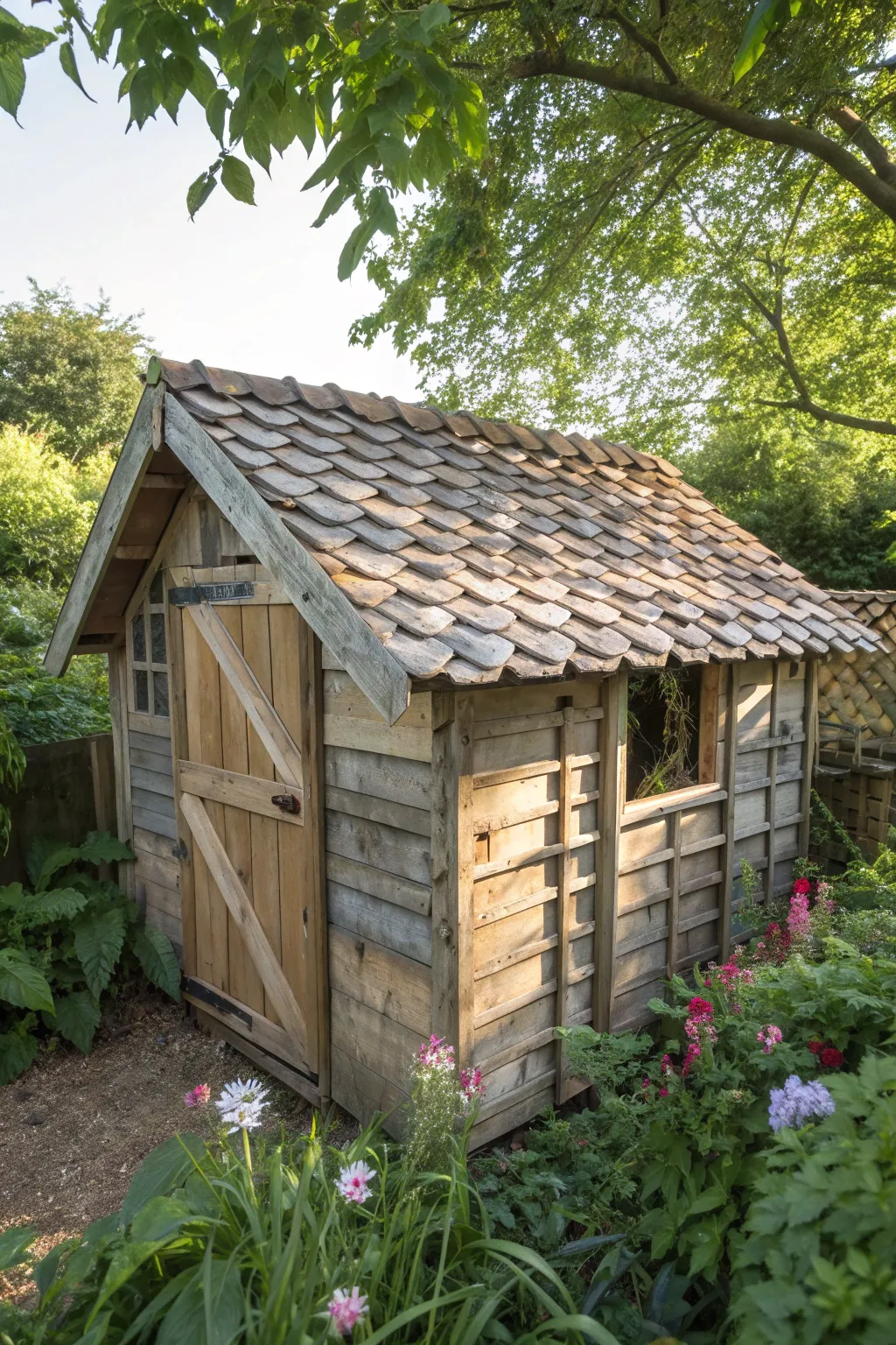 Transform your garden with a rustic shed featuring a unique pallet roof, where craftsmanship meets nature.
