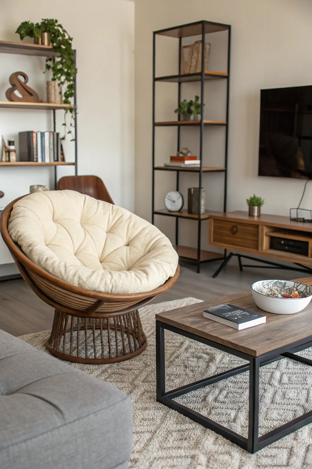 A perfect blend of modern and cozy with a papasan chair.