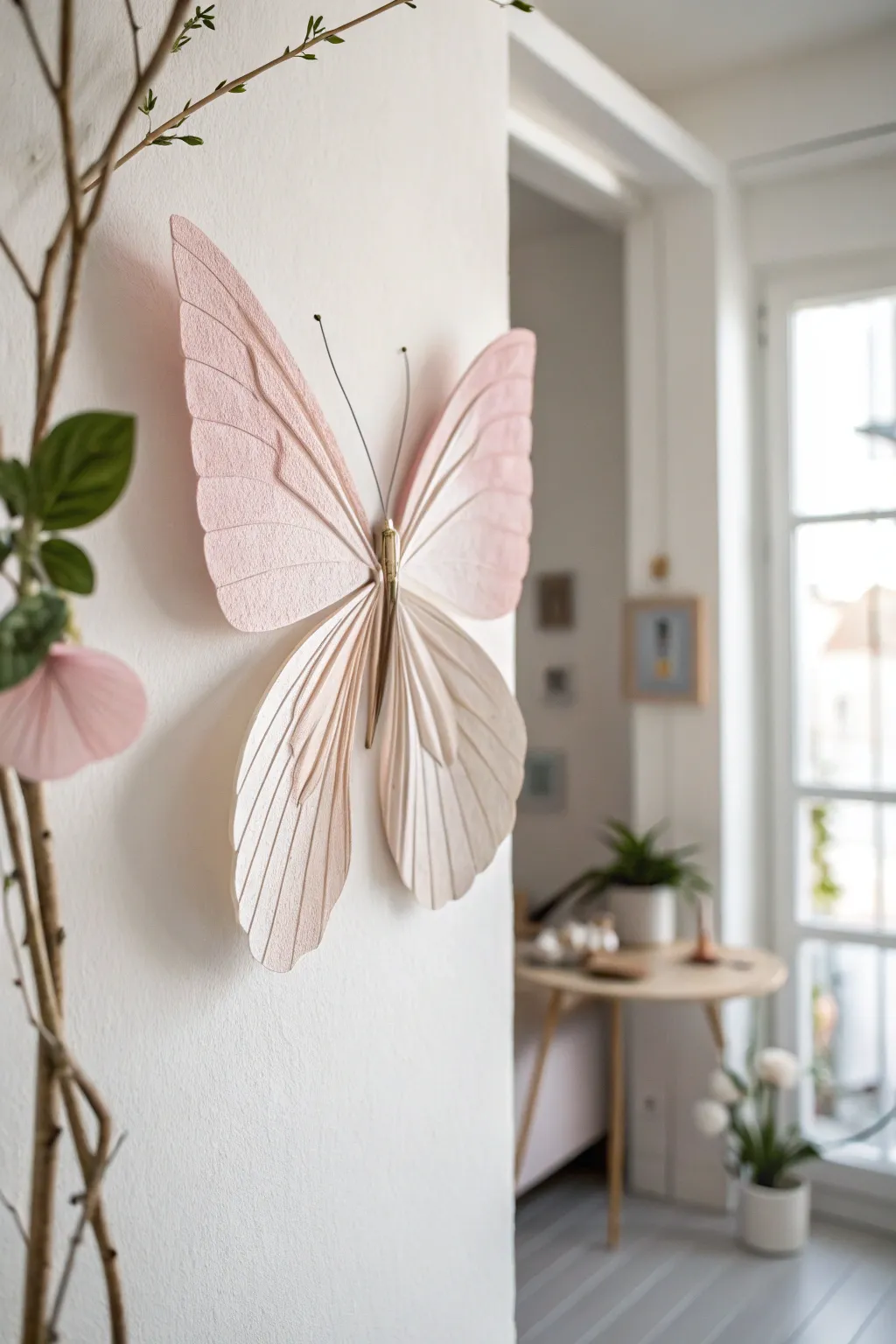 A touch of spring: a beautifully crafted paper butterfly dances on the wall, bringing serene elegance to any space.