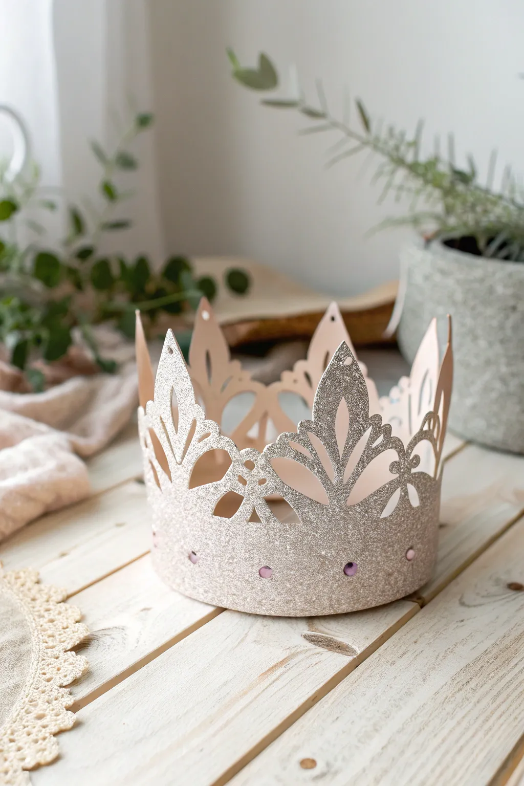 Sparkle with simplicity: A handcrafted glitter paper crown that catches the light beautifully.