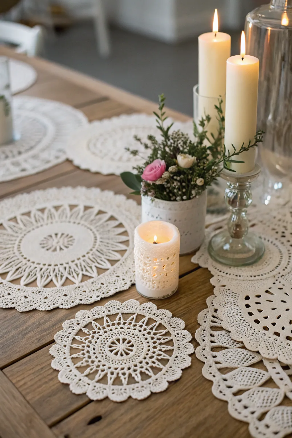 Elevate your table decor with layered doily elegance.