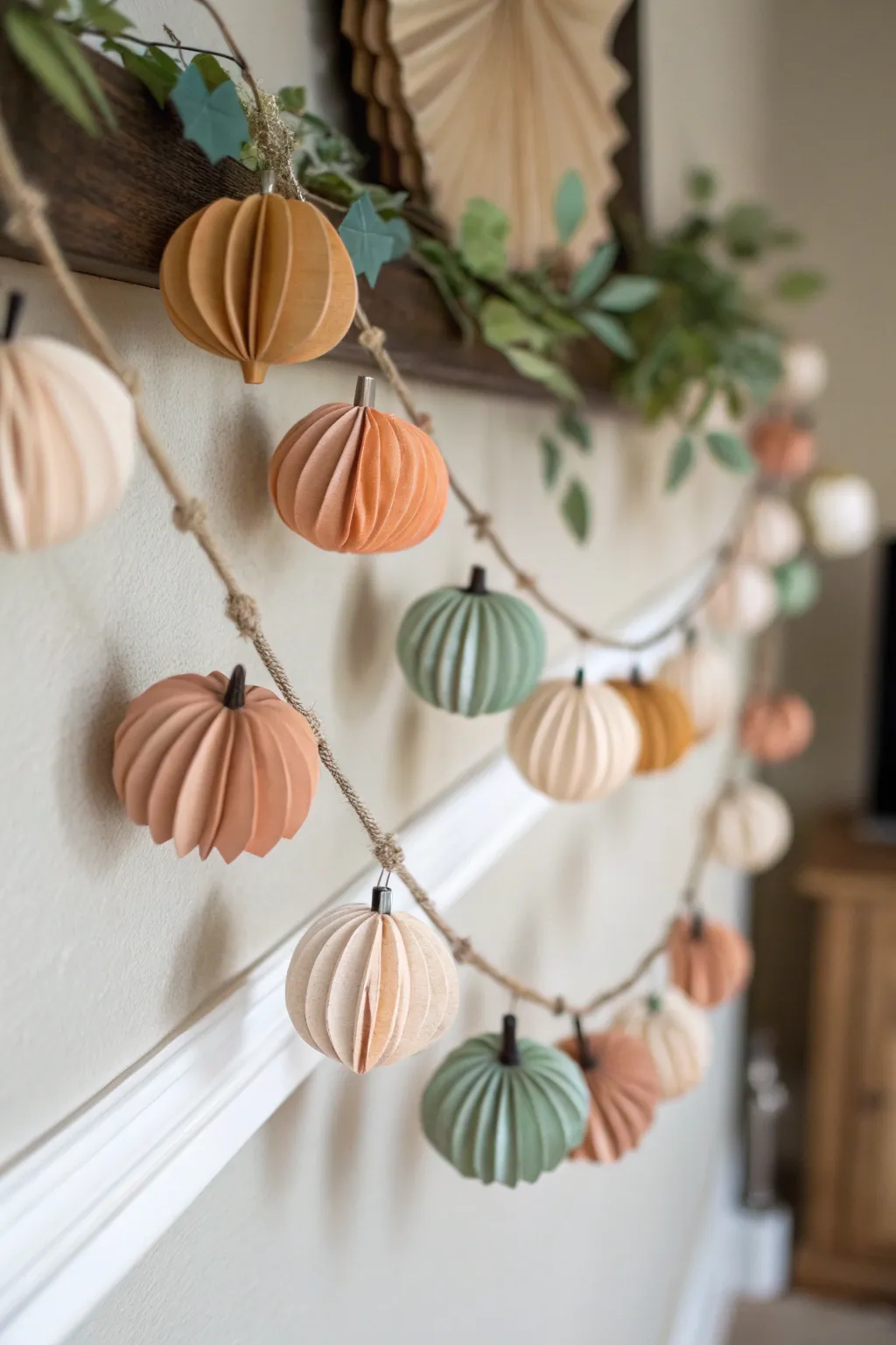 Add a festive flair with a chic paper pumpkin garland—perfect for minimalist lovers!