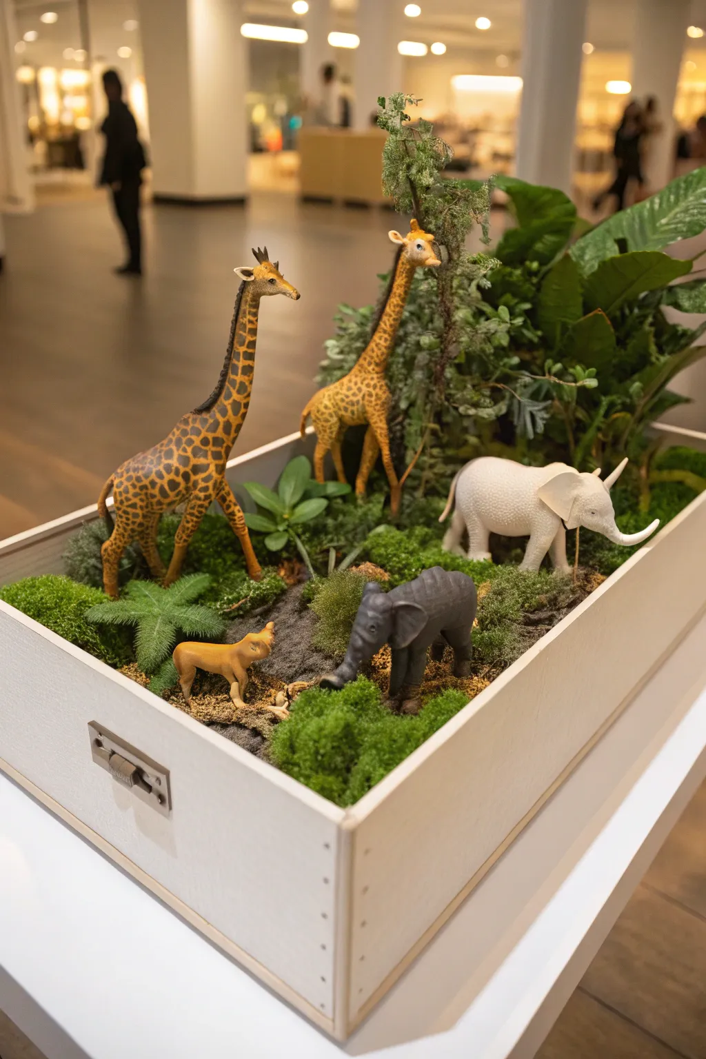 Embark on a miniature safari adventure with this charming shoebox float, where craftsmanship meets natural beauty.