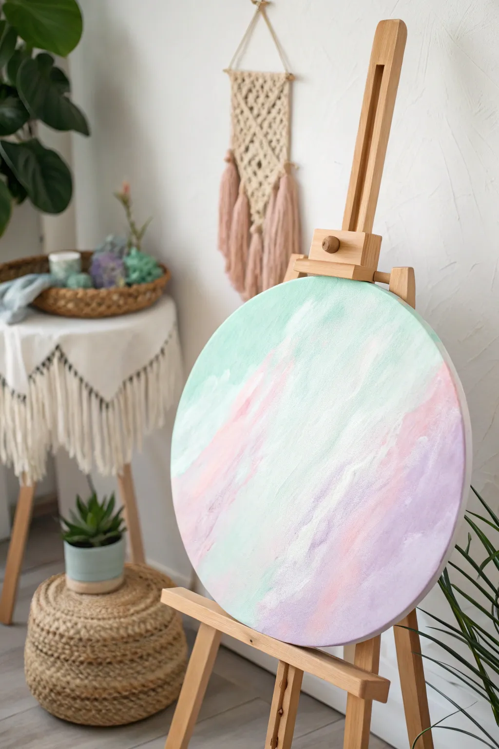 Discover the enchanting allure of pastel acrylics on a circular canvas, where simplicity meets artistic charm.