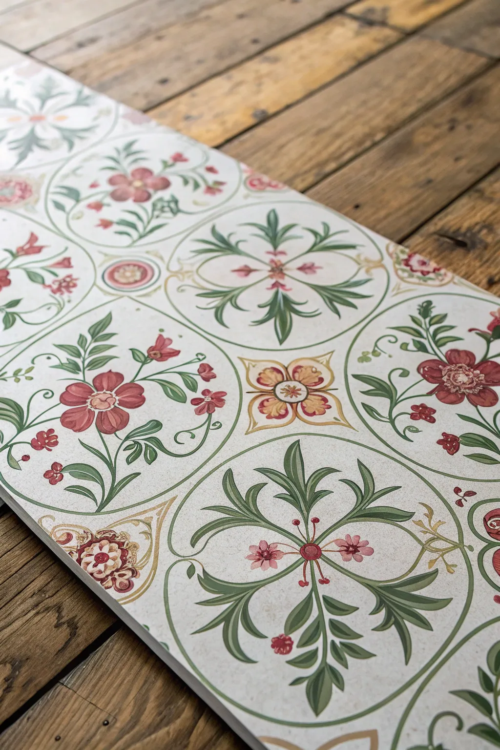 Immerse your space in nature's elegance with floral motif vinyl tiles.