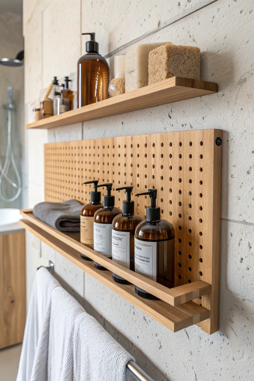 Elevate your bathroom with a stylish pegboard beauty bar, perfect for showcasing your favorite toiletries.